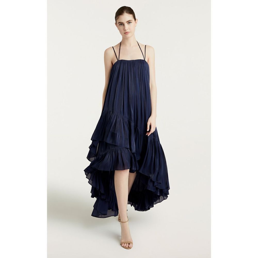 CINQ À SEPT Soliel Ruffle Trapeze Navy Blue High Low Midi Metallic Dress Size 2